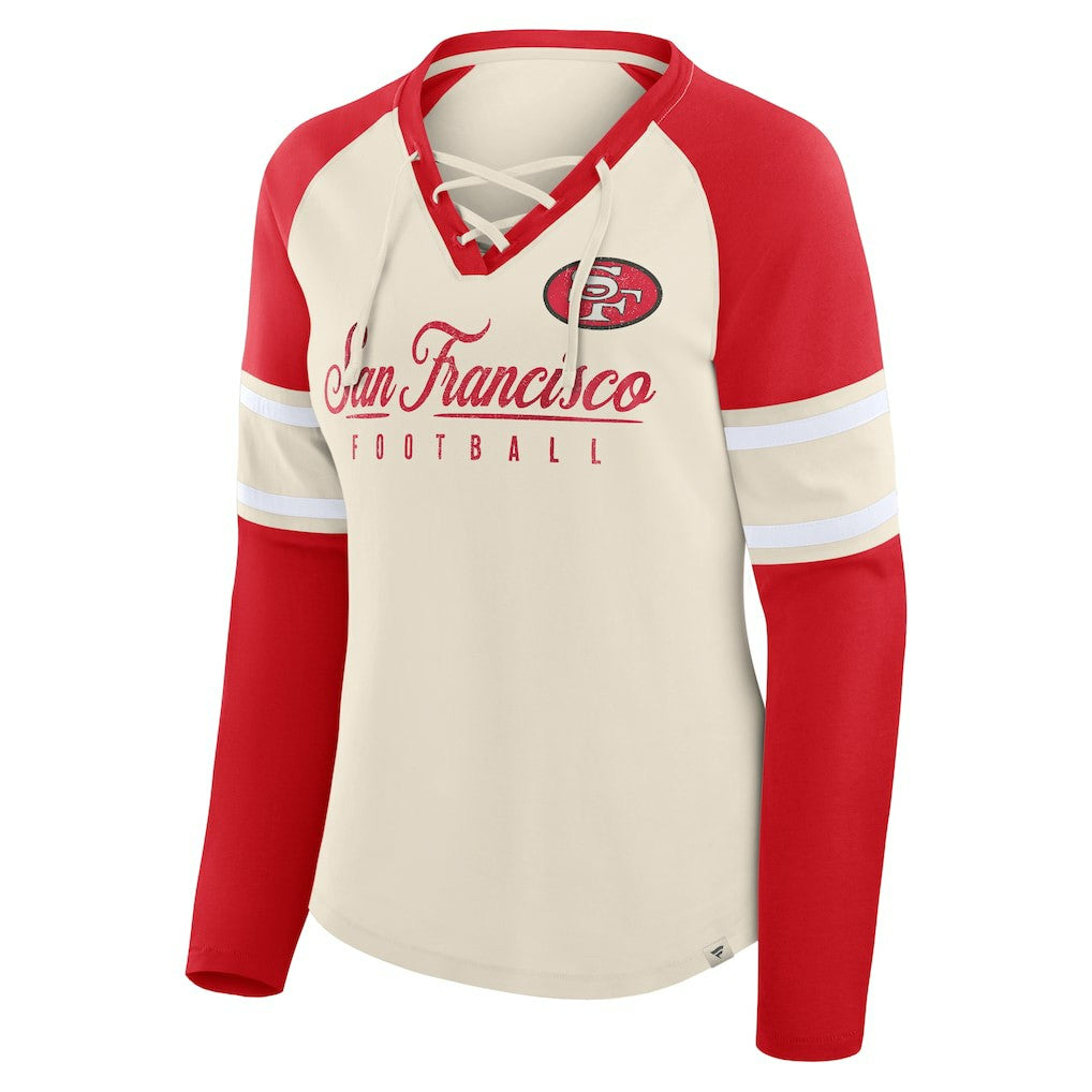 San Francisco 49ers Women's Hometown Gridiron Hero Raglan Lace-Up V-Neck Long Sleeve T-Shirt Cream/Scarlet | Fanatics