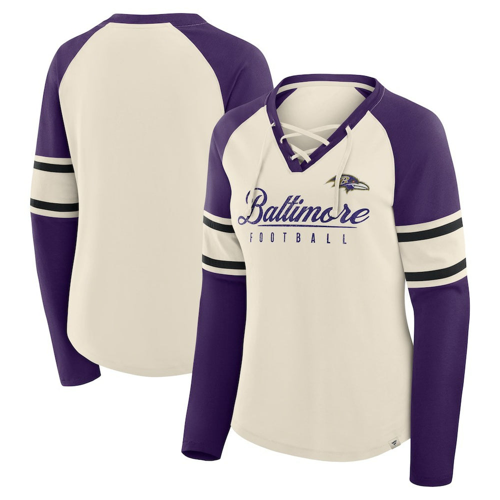 Baltimore Ravens Women's Hometown Gridiron Hero Raglan Lace-Up V-Neck Long Sleeve T-Shirt Cream/Purple | Fanatics