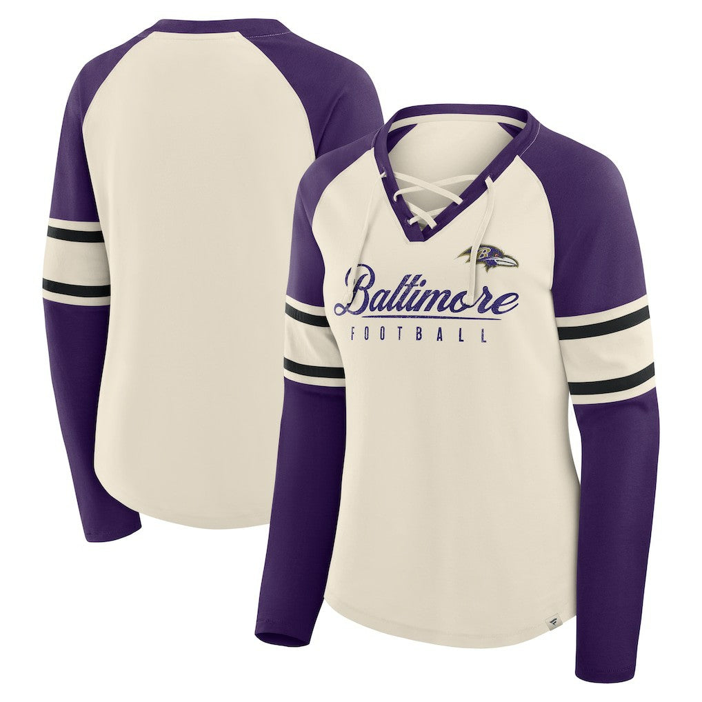 Baltimore Ravens Women's Hometown Gridiron Hero Raglan Lace-Up V-Neck Long Sleeve T-Shirt Cream/Purple | Fanatics