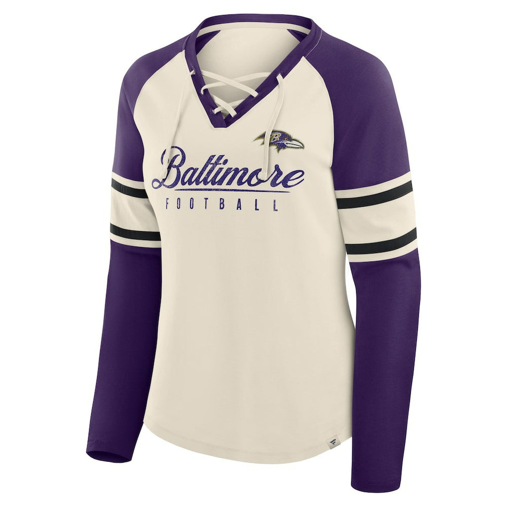 Baltimore Ravens Women's Hometown Gridiron Hero Raglan Lace-Up V-Neck Long Sleeve T-Shirt Cream/Purple | Fanatics