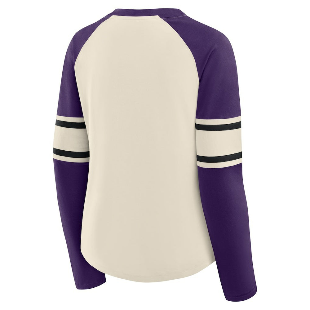 Baltimore Ravens Women's Hometown Gridiron Hero Raglan Lace-Up V-Neck Long Sleeve T-Shirt Cream/Purple | Fanatics