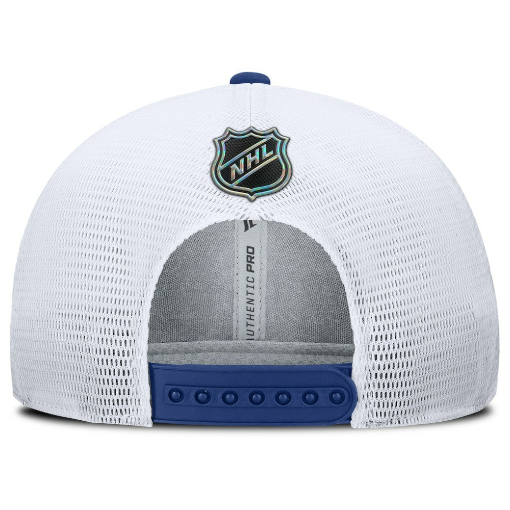 Toronto Maple Leafs Fanatics Authentic Pro Rink Lockup Adjustable Trucker Hat - Blue/White - NHL