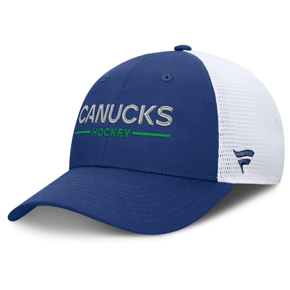 Vancouver Canucks Fanatics Authentic Pro Rink Lockup Adjustable Trucker Hat - Blue/White - NHL
