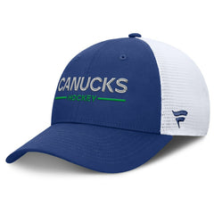 Vancouver Canucks Fanatics Authentic Pro Rink Lockup Adjustable Trucker Hat - Blue/White - NHL