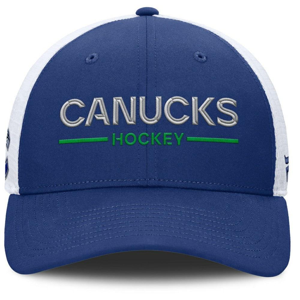 Vancouver Canucks Fanatics Authentic Pro Rink Lockup Adjustable Trucker Hat - Blue/White - NHL