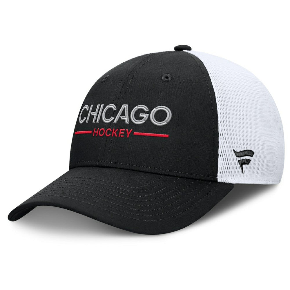 Chicago Blackhawks Fanatics Authentic Pro Rink Lockup Adjustable Trucker Hat - Black/White - NHL