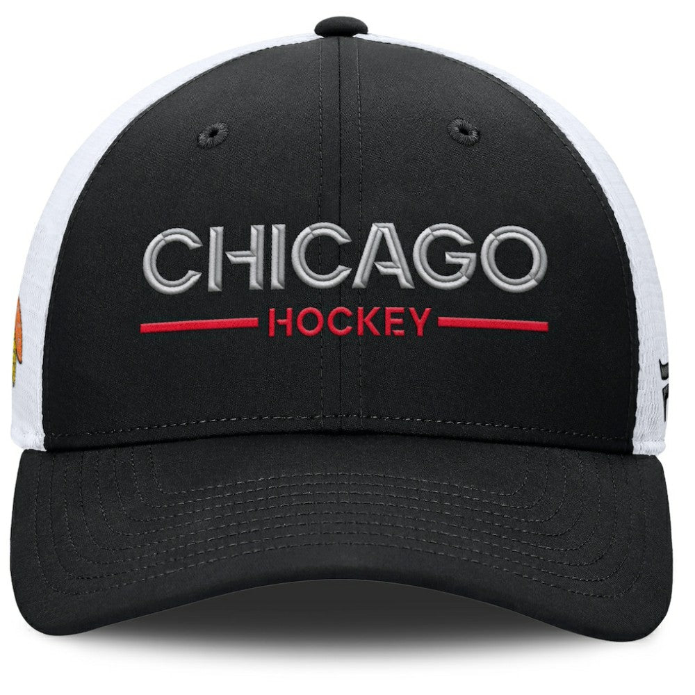 Chicago Blackhawks Fanatics Authentic Pro Rink Lockup Adjustable Trucker Hat - Black/White - NHL