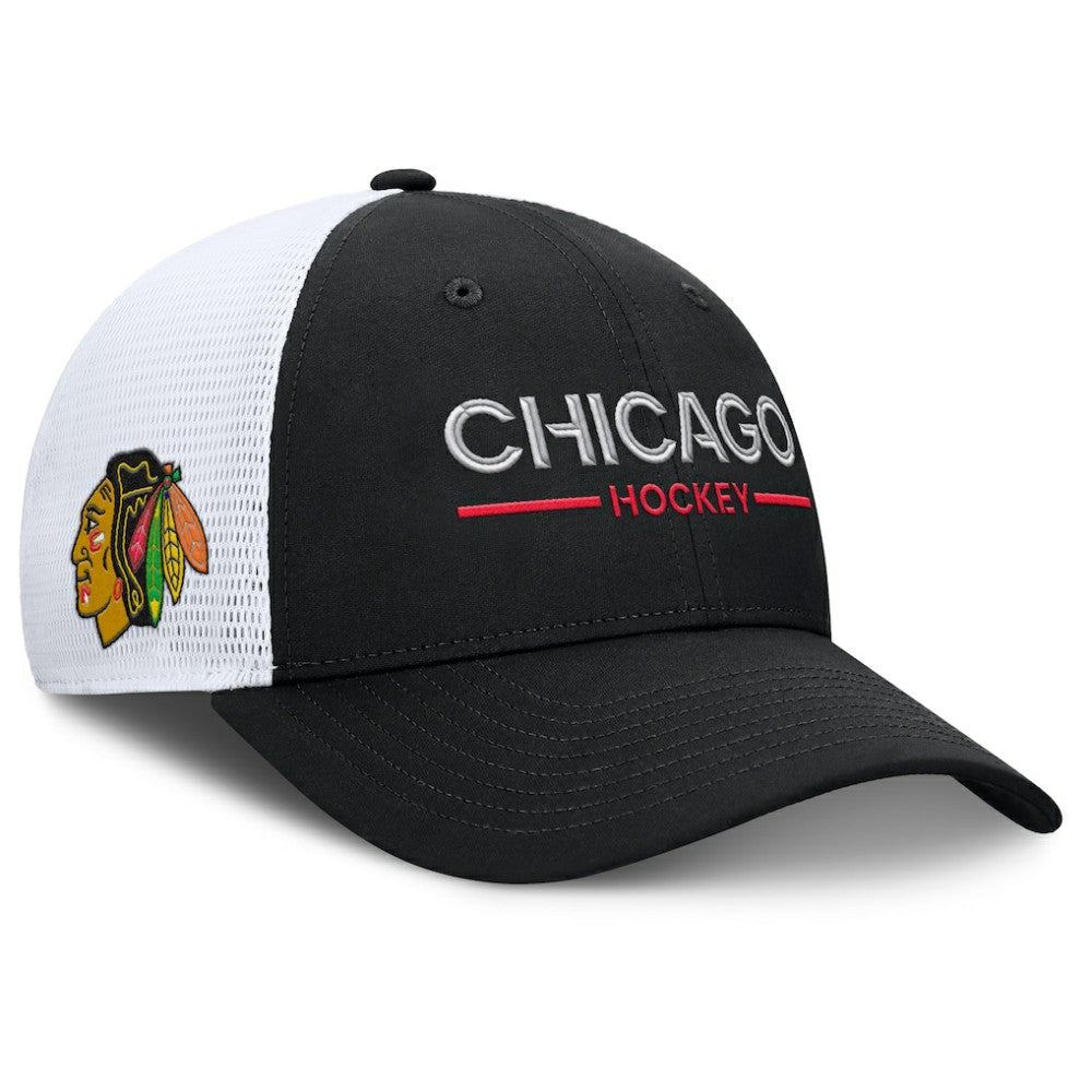 Chicago Blackhawks Fanatics Authentic Pro Rink Lockup Adjustable Trucker Hat - Black/White - NHL