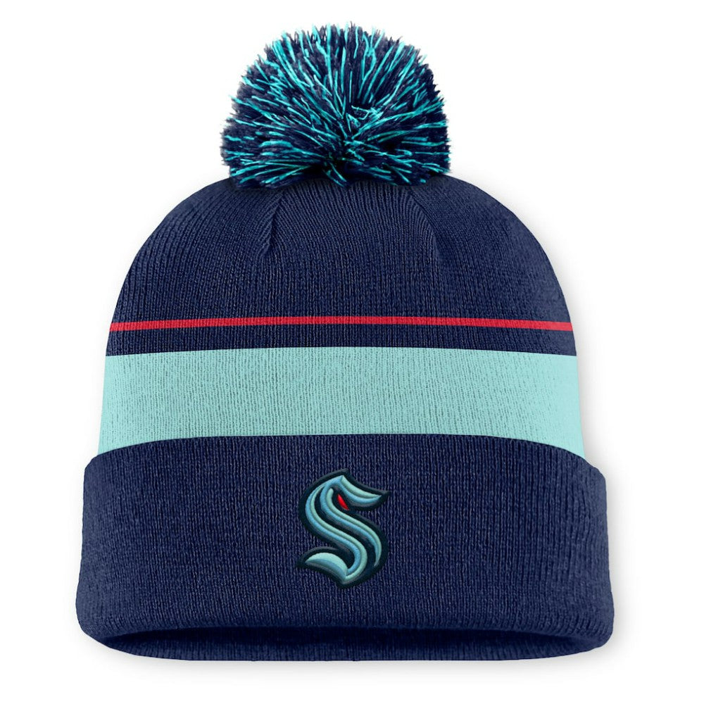 Seattle Kraken Fanatics Authentic Pro Rink Cuffed Knit Hat with Pom - Deep Sea Blue - NHL