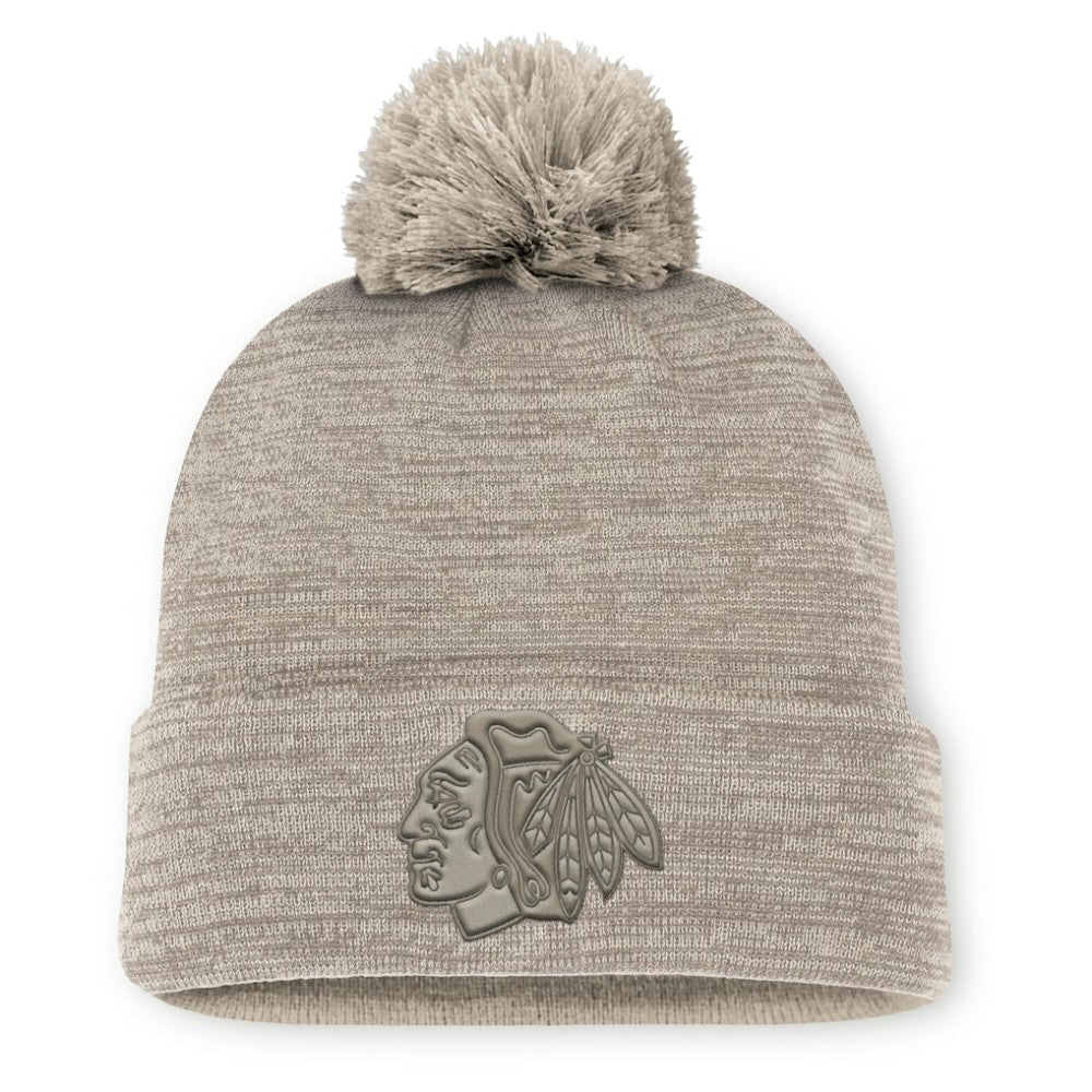 Chicago Blackhawks Fanatics Authentic Pro Road Cuffed Knit Hat with Pom - Tan - NHL