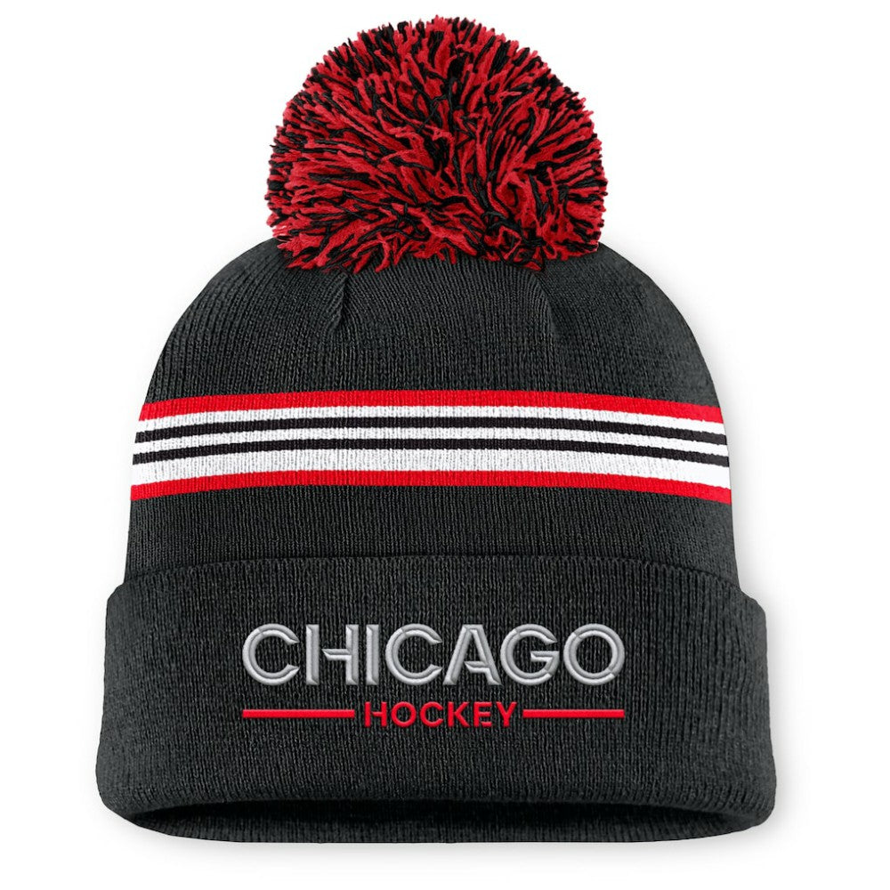 Chicago Blackhawks Fanatics Women's Authentic Pro Rink Cuffed Knit Hat with Pom - Black - NHL