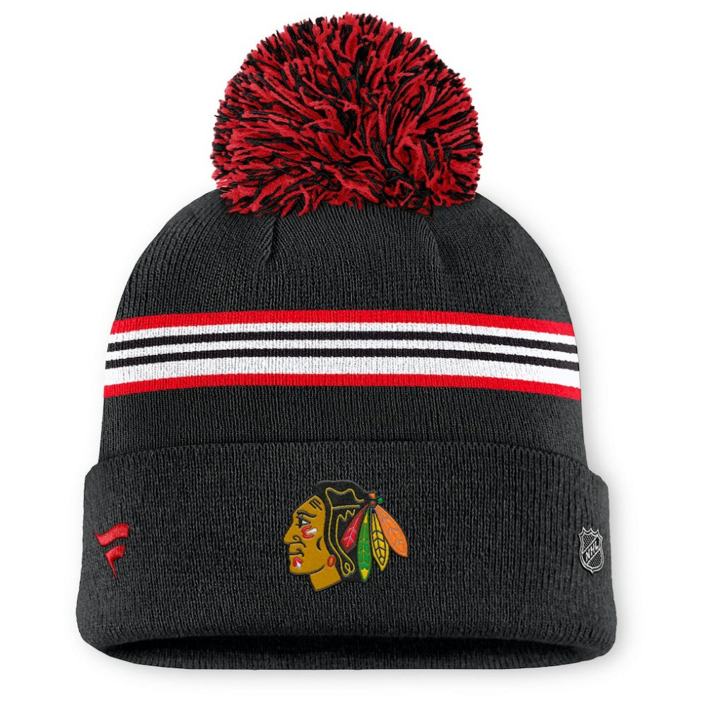 Chicago Blackhawks Fanatics Women's Authentic Pro Rink Cuffed Knit Hat with Pom - Black - NHL
