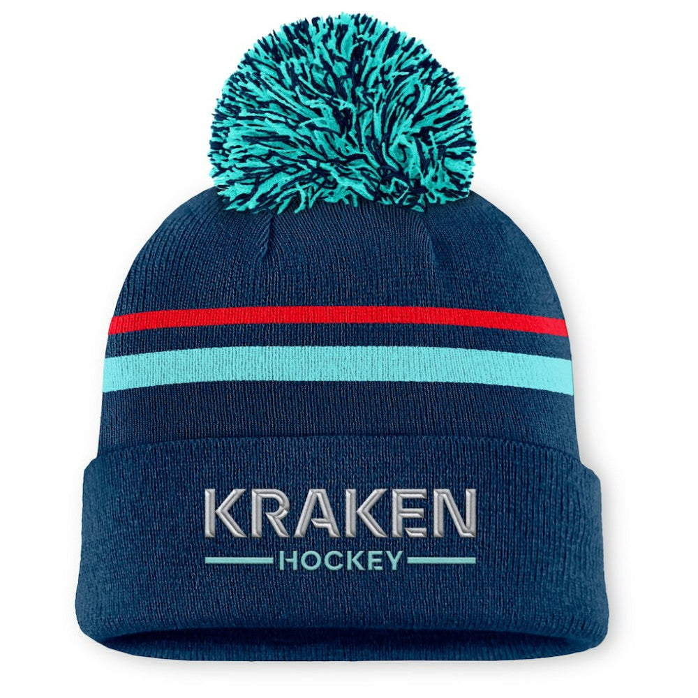 Seattle Kraken Fanatics Women's Authentic Pro Rink Cuffed Knit Hat with Pom - Deep Sea Blue - NHL