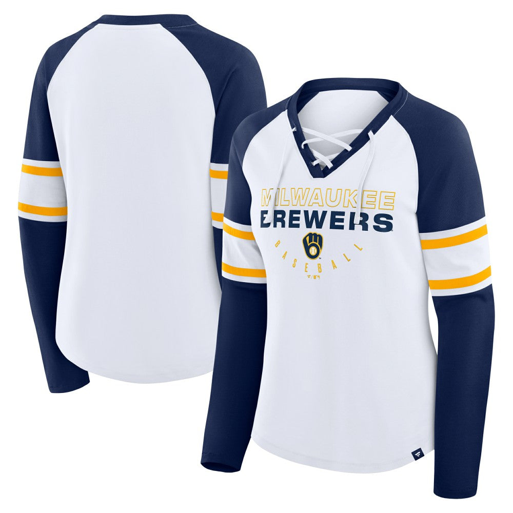 Milwaukee Brewers Fanatics Women's Blitz Package Raglan Lace-Up V-Neck Long Sleeve T-Shirt - MLB