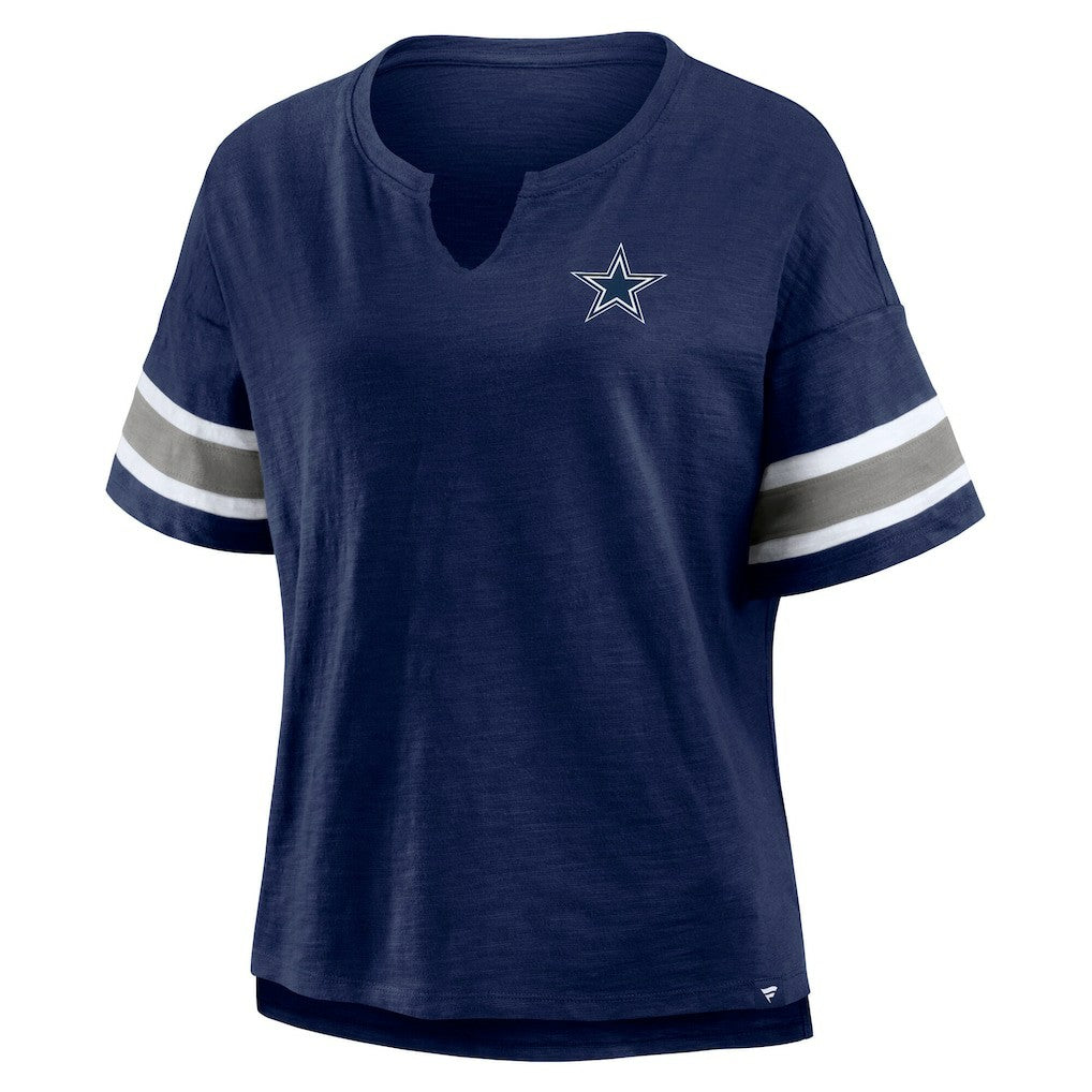 Dallas Cowboys Women's Redzone Bling Stripe Sleeve Notch Neck T-Shirt Navy | Fanatics