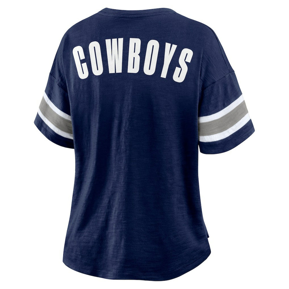 Dallas Cowboys Women's Redzone Bling Stripe Sleeve Notch Neck T-Shirt Navy | Fanatics