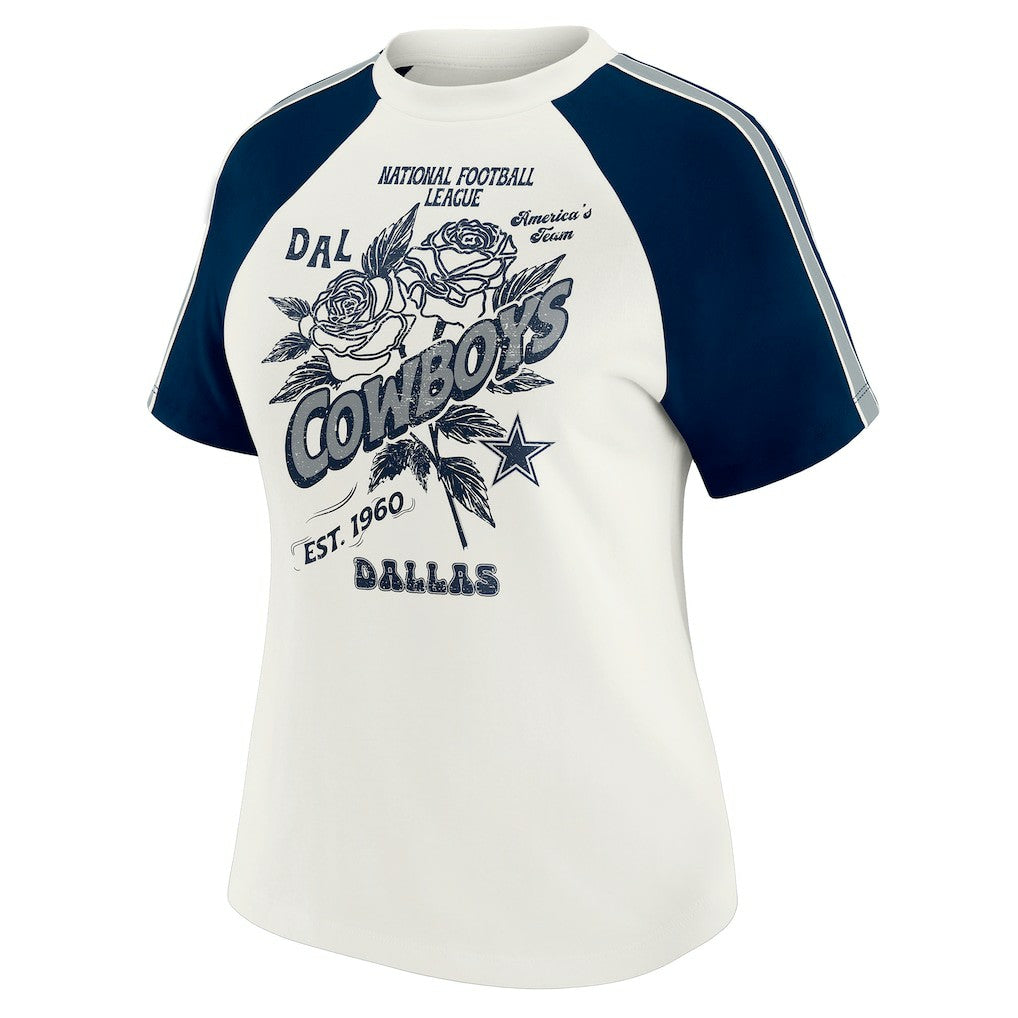 Dallas Cowboys WEAR by Erin Andrews Women's Sleeve Stripe Distressed Raglan T-Shirt White | NFL