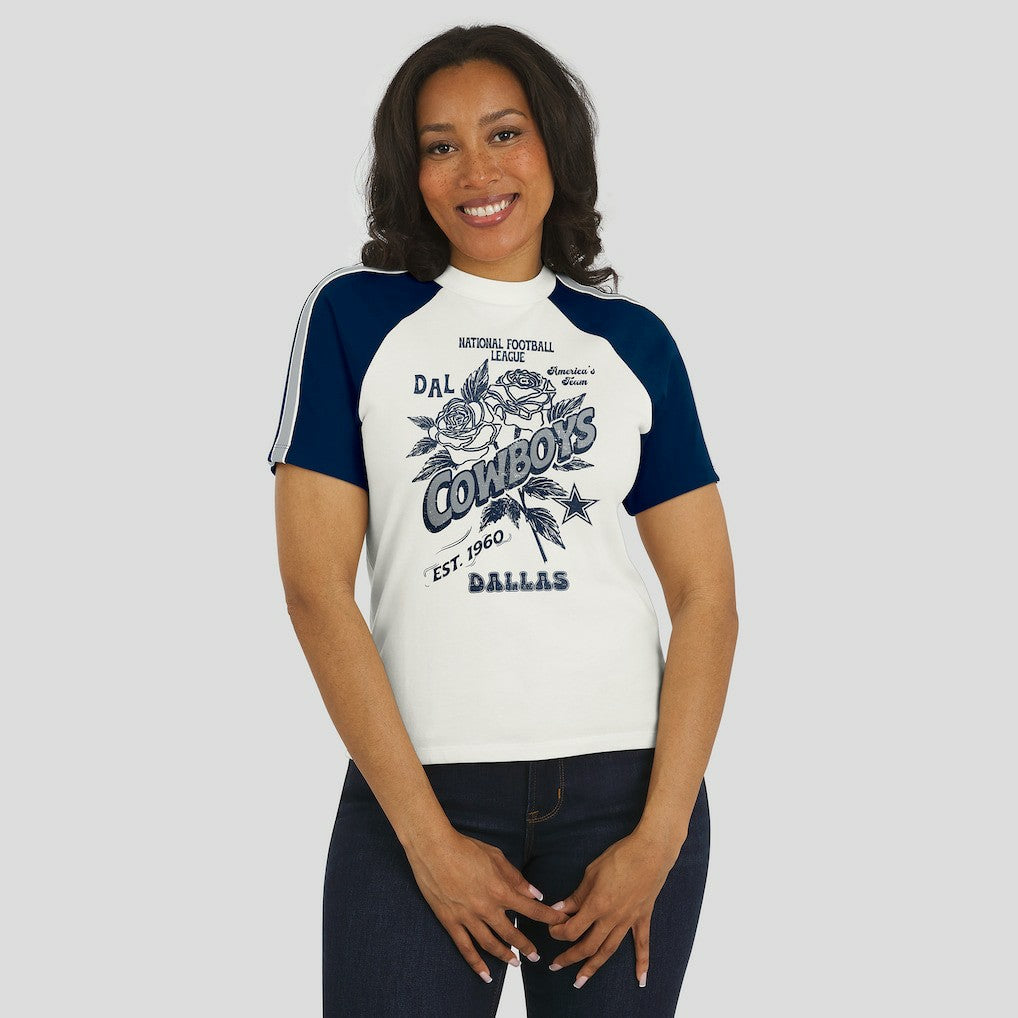 Dallas Cowboys WEAR by Erin Andrews Women's Sleeve Stripe Distressed Raglan T-Shirt White | NFL