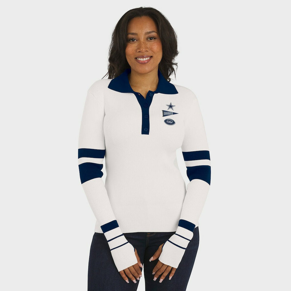 Dallas Cowboys WEAR by Erin Andrews Women's Ribbed Henley Polo Sweater White | NFL