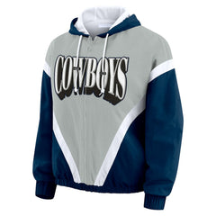 Dallas Cowboys WEAR by Erin Andrews Women's Plus Size Retro Crinkle Full-Zip Hoodie Windbreaker Jacket Navy/Gray | NFL