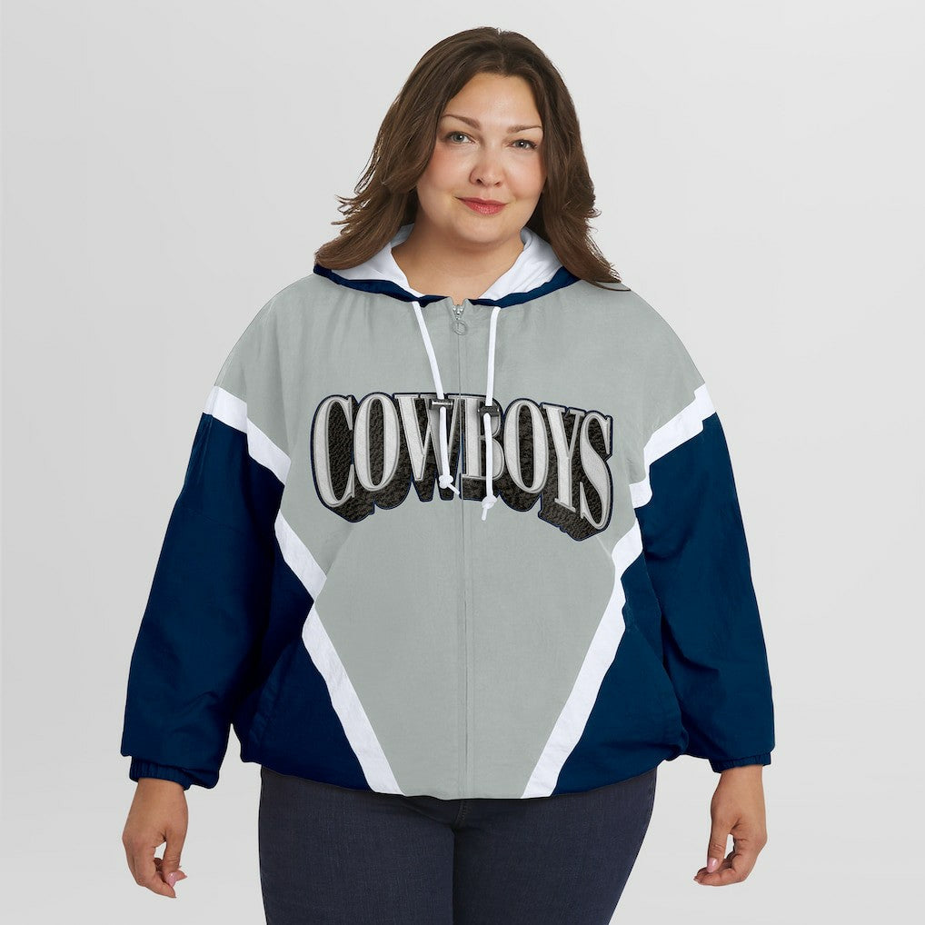 Dallas Cowboys WEAR by Erin Andrews Women's Plus Size Retro Crinkle Full-Zip Hoodie Windbreaker Jacket Navy/Gray | NFL