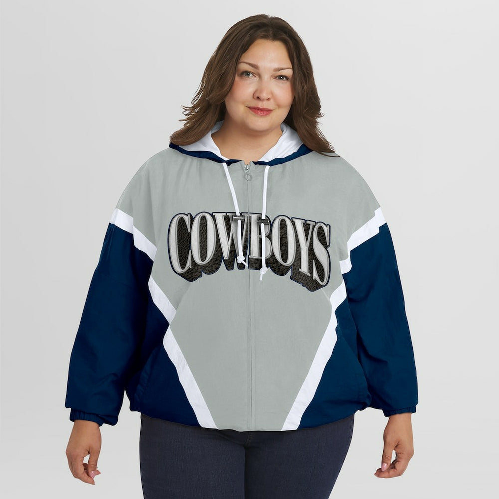 Dallas Cowboys WEAR by Erin Andrews Women's Plus Size Retro Crinkle Full-Zip Hoodie Windbreaker Jacket Navy/Gray | NFL
