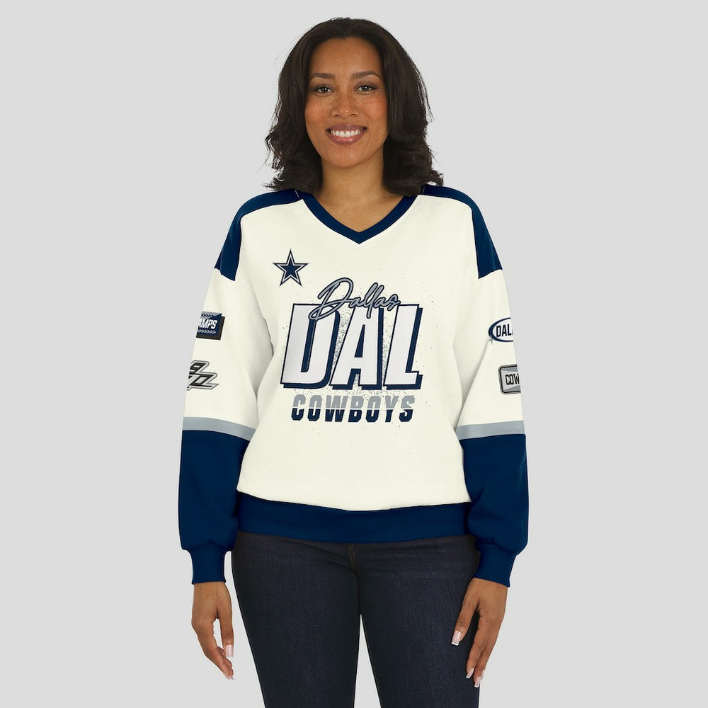 Dallas Cowboys WEAR by Erin Andrews Women's Racing Crew V-Neck Sweatshirt Cream | NFL