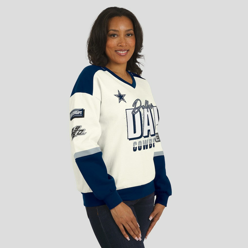 Dallas Cowboys WEAR by Erin Andrews Women's Racing Crew V-Neck Sweatshirt Cream | NFL