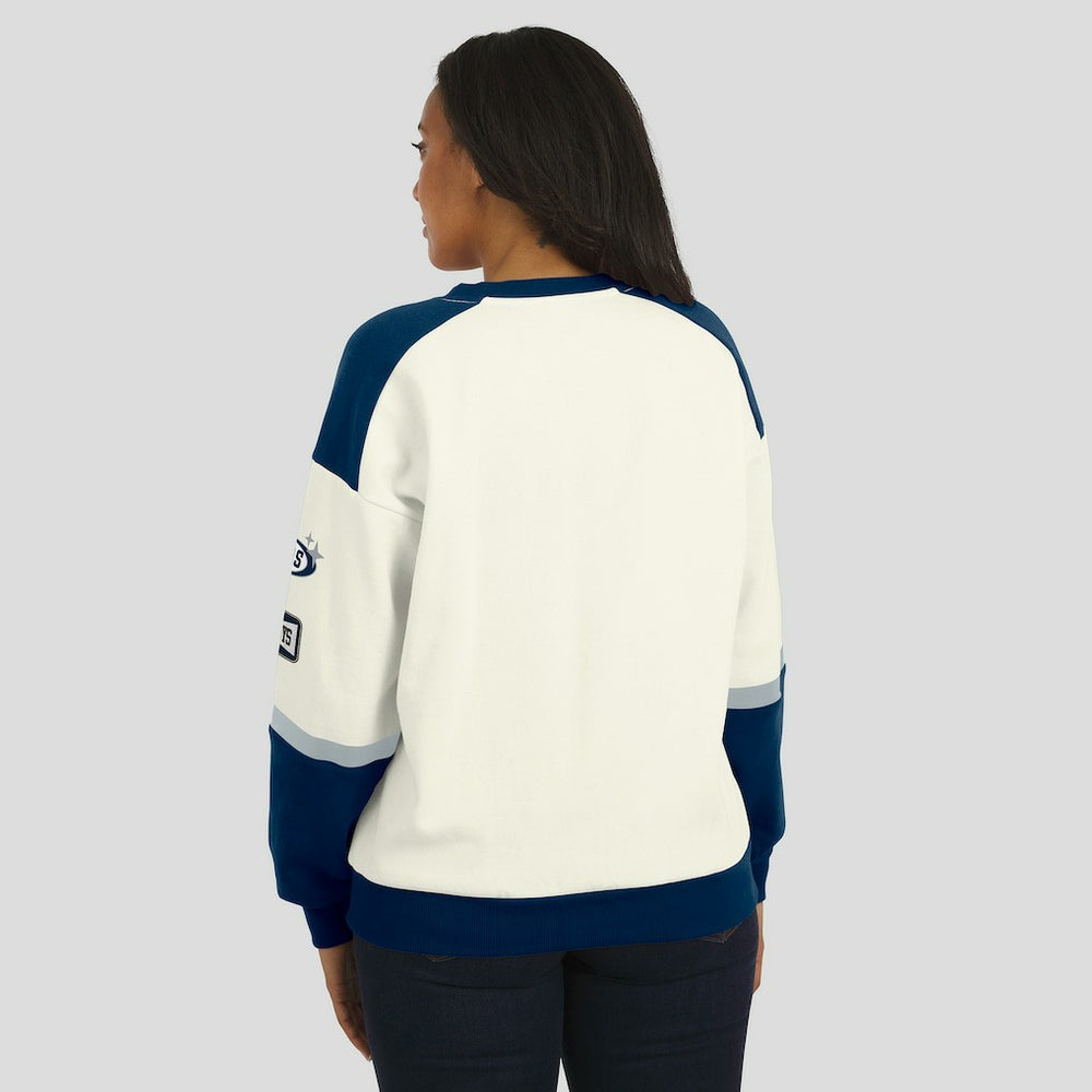 Dallas Cowboys WEAR by Erin Andrews Women's Racing Crew V-Neck Sweatshirt Cream | NFL