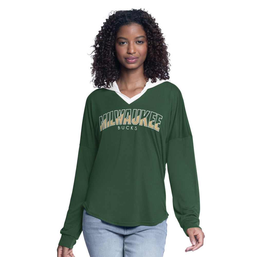 Milwaukee Bucks G-III 4Her by Carl Banks Women's Bench Player Oversized Long Sleeve Hooded Top Hunter Green - NBA
