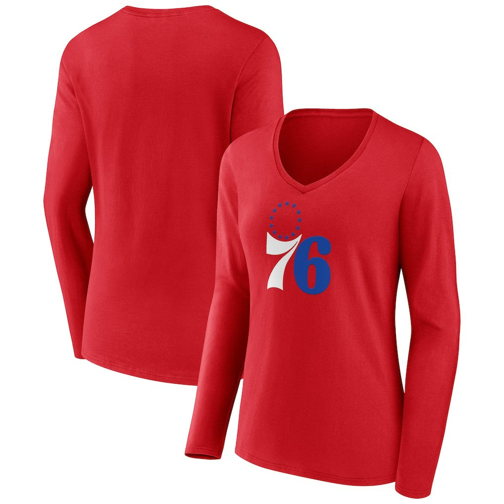 Philadelphia 76ers Women's Primary Logo Long Sleeve V-Neck T-Shirt Red - NBA