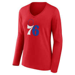 Philadelphia 76ers Women's Primary Logo Long Sleeve V-Neck T-Shirt Red - NBA