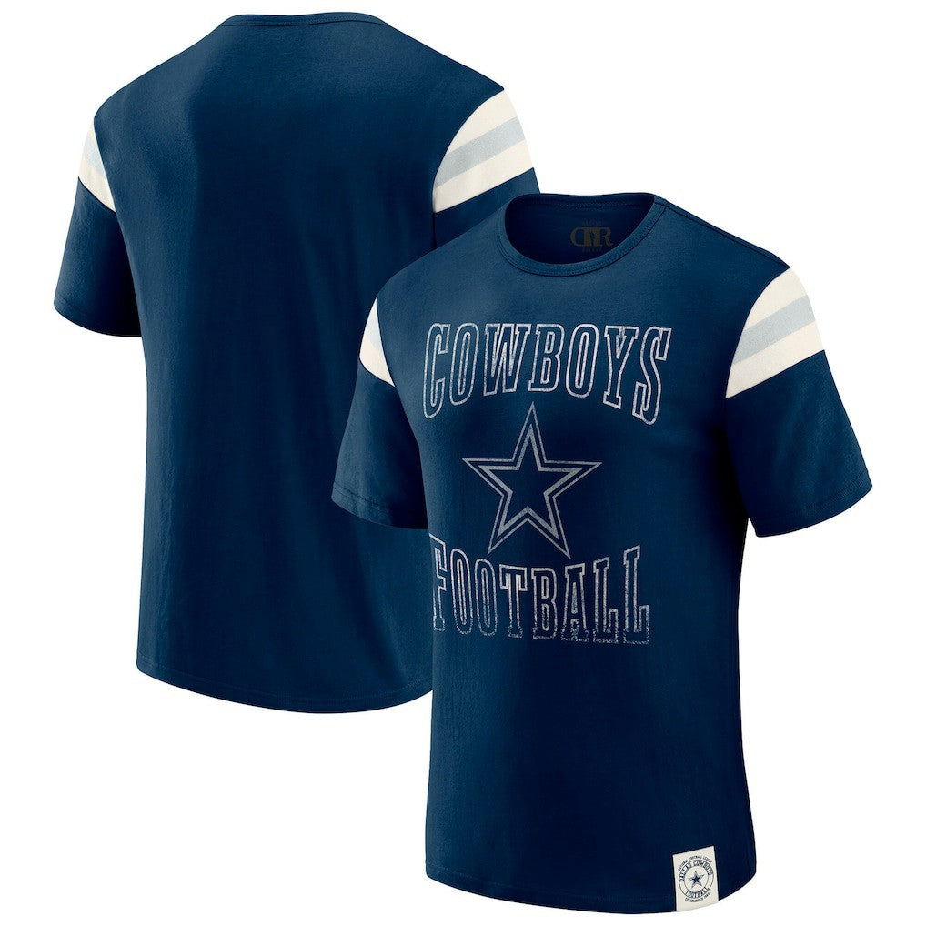 Dallas Cowboys Darius Rucker Collection Distressed Throwback Shoulder Stripe T-Shirt Navy | Fanatics