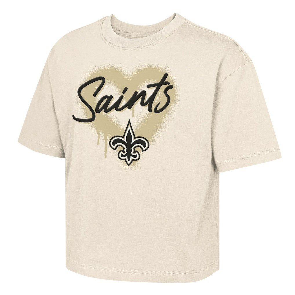 New Orleans Saints Outerstuff Girl's Youth Spray Heart Boxy T-Shirt Cream | NFL
