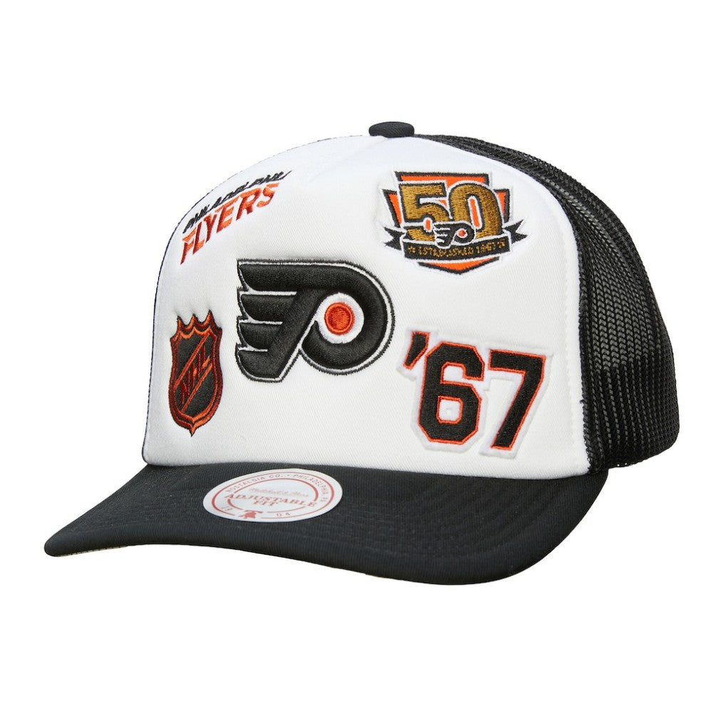 Philadelphia Flyers Mitchell & Ness Gridlock Trucker Adjustable Hat - White/Black - NHL