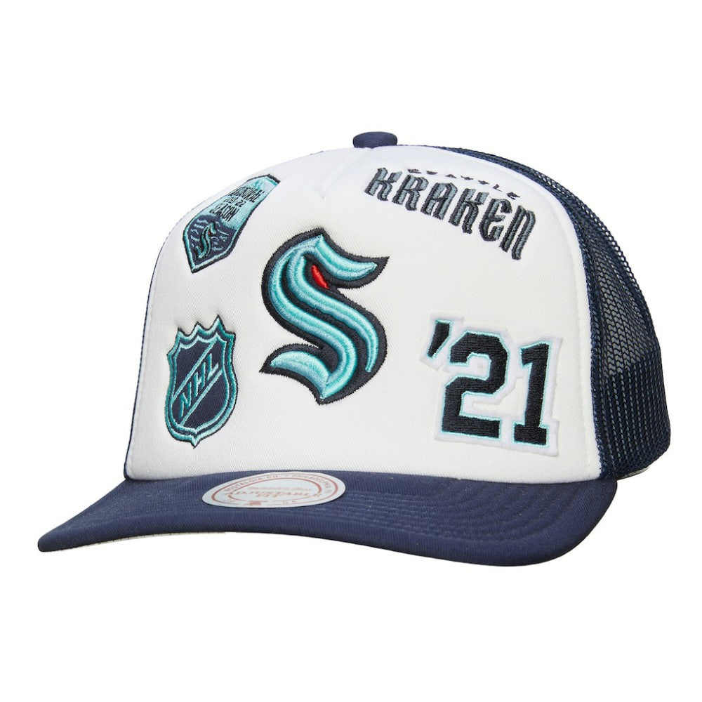 Seattle Kraken Mitchell & Ness Gridlock Trucker Adjustable Hat - White/Deep Sea Blue - NHL