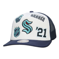 Seattle Kraken Mitchell & Ness Gridlock Trucker Adjustable Hat - White/Deep Sea Blue - NHL