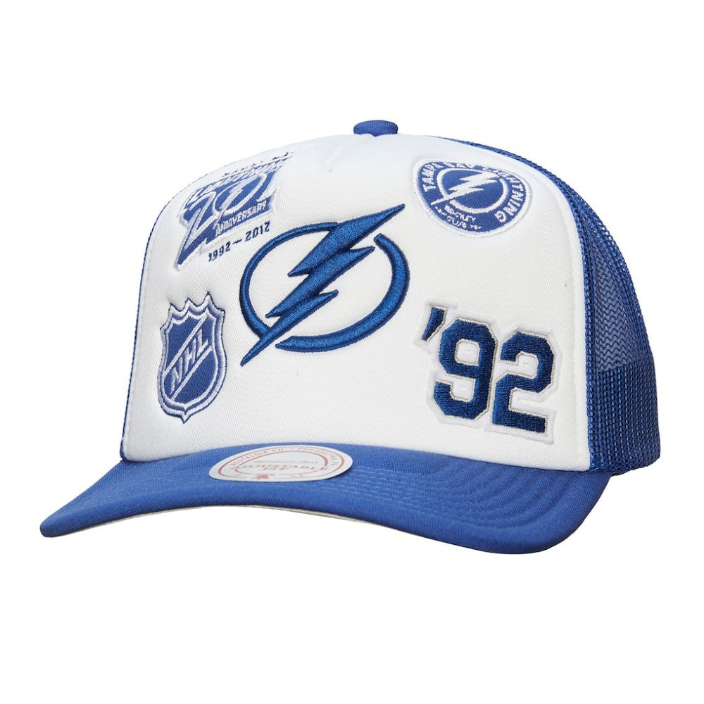 Tampa Bay Lightning Mitchell & Ness Gridlock Trucker Adjustable Hat - White/Blue - NHL
