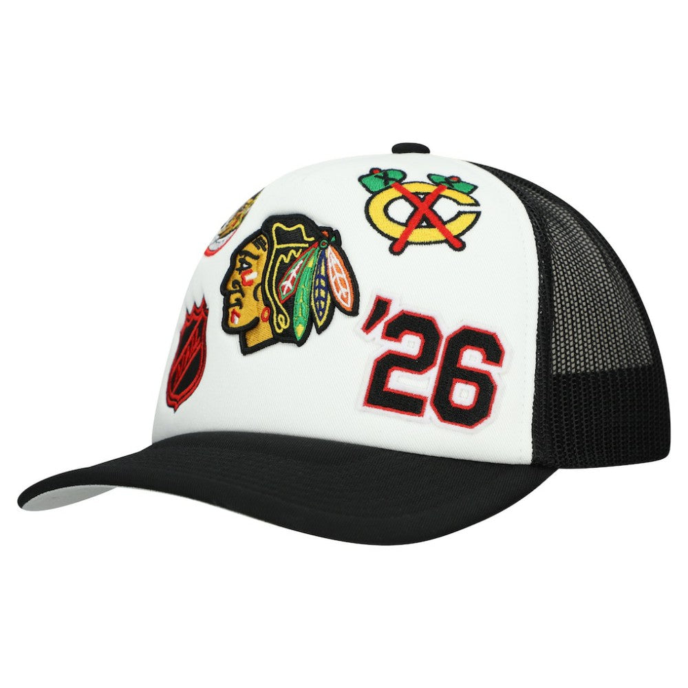 Chicago Blackhawks Mitchell & Ness Gridlock Trucker Adjustable Hat - White/Black - NHL