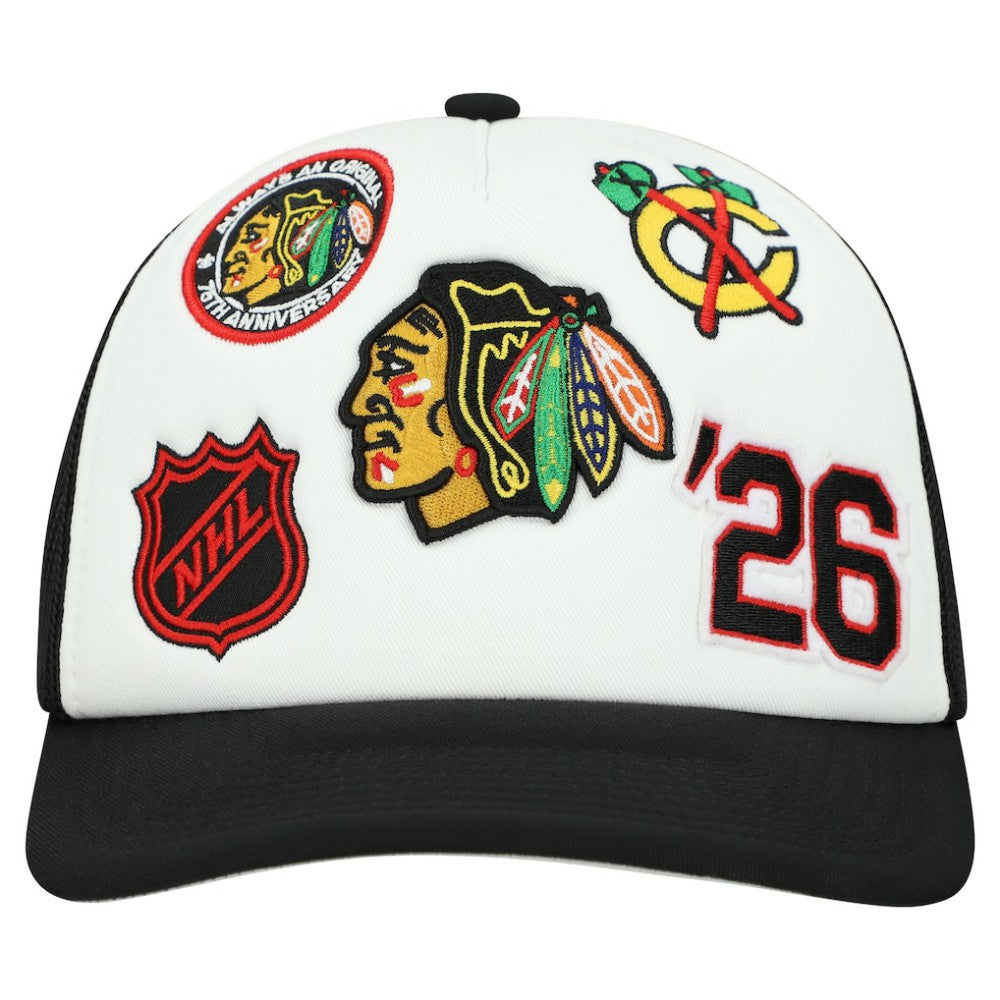Chicago Blackhawks Mitchell & Ness Gridlock Trucker Adjustable Hat - White/Black - NHL