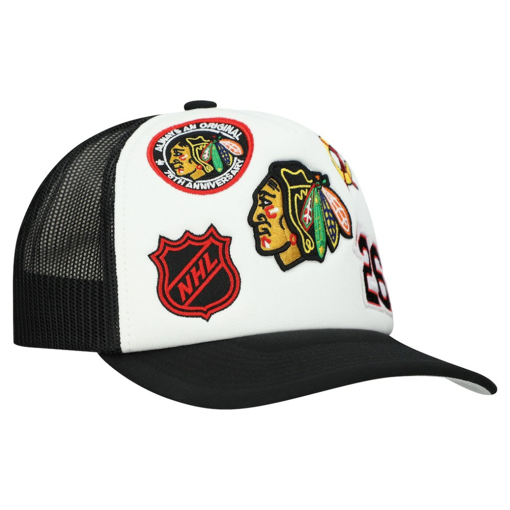 Chicago Blackhawks Mitchell & Ness Gridlock Trucker Adjustable Hat - White/Black - NHL