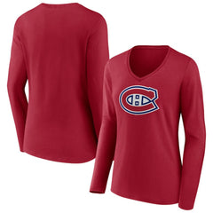 Montreal Canadiens Women's Primary Logo Long Sleeve V-Neck T-Shirt - Red - NHL