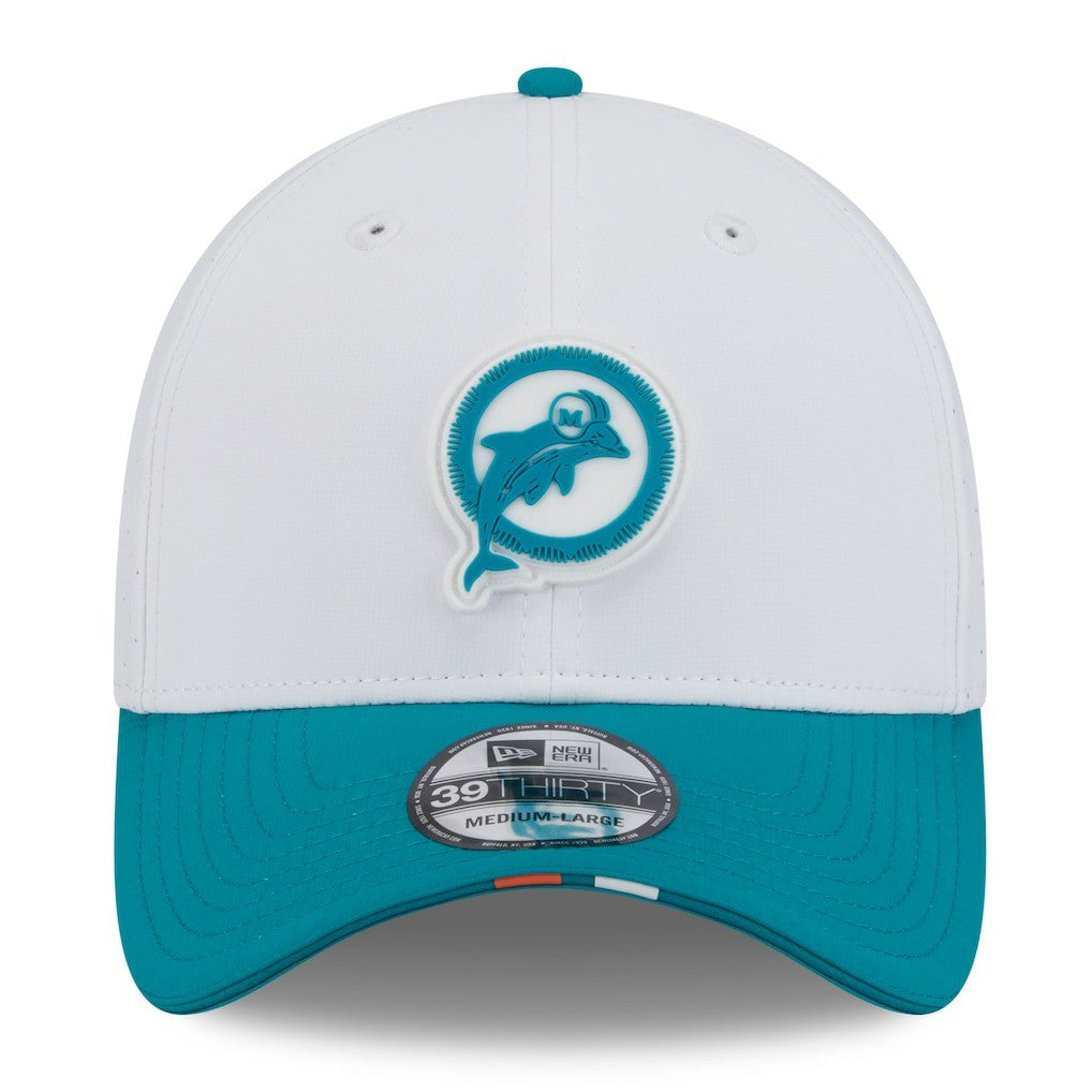 Miami Dolphins New Era 2025 NFL Training Camp Throwback Logo 39THIRTY Flex Hat White/Aqua | NFL