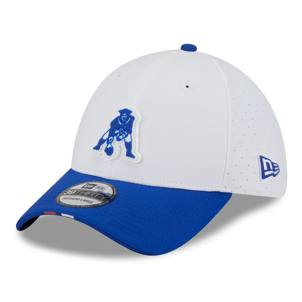 New England Patriots New Era 2025 NFL Training Camp Throwback Logo 39THIRTY Flex Hat White/Royal | NFL