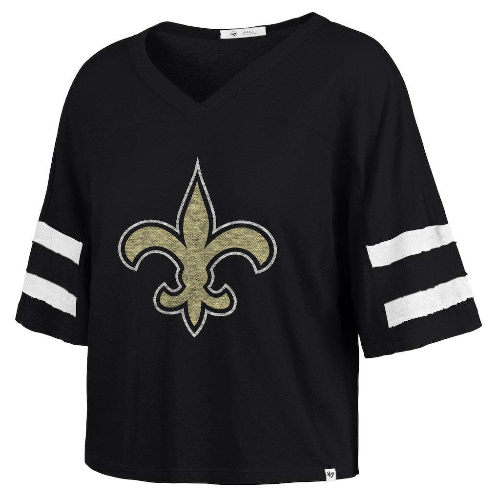 New Orleans Saints '47 Women's Premier Scout Cropped V-Neck T-Shirt Black | 47 brand