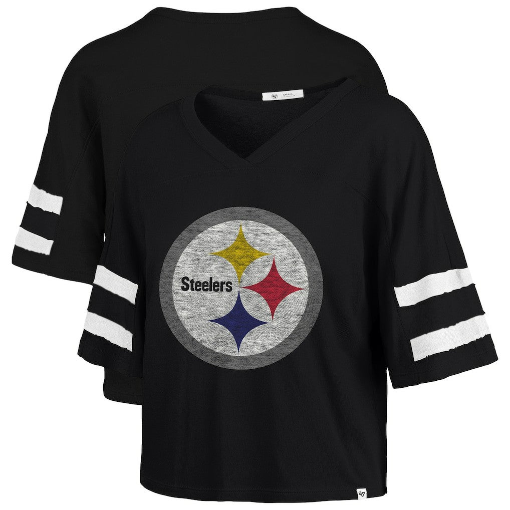 Pittsburgh Steelers '47 Women's Premier Scout Cropped V-Neck T-Shirt Black | 47 brand