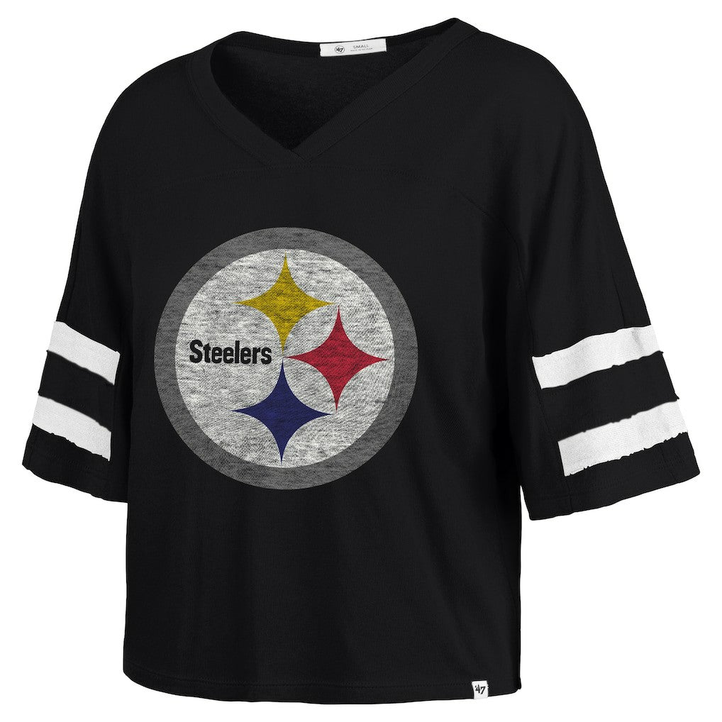 Pittsburgh Steelers '47 Women's Premier Scout Cropped V-Neck T-Shirt Black | 47 brand