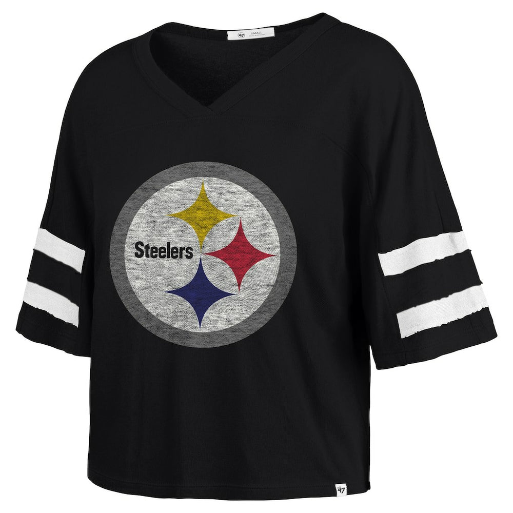 Pittsburgh Steelers '47 Women's Premier Scout Cropped V-Neck T-Shirt Black | 47 brand