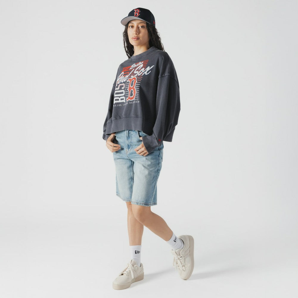 Boston Red Sox New Era Women's Boxy Mineral Wash Dolmen Sleeve Cropped Sweatshirt - MLB