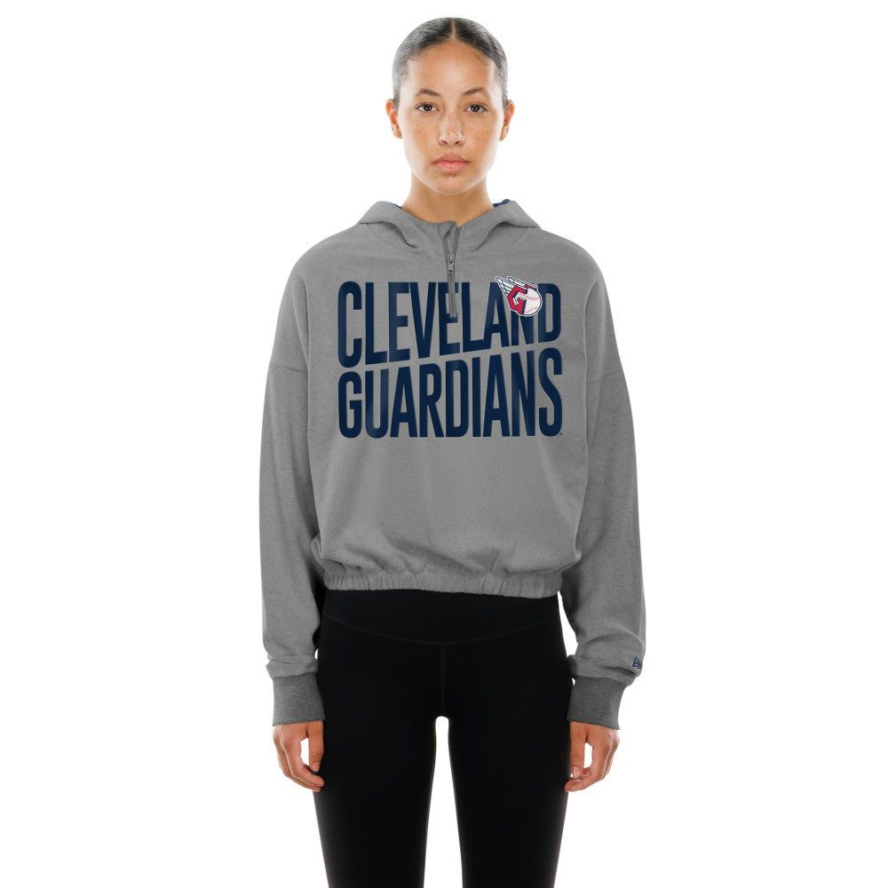 Cleveland Guardians New Era Women's Reversed Out French Terry Quarter-Zip Banded Crop Hoodie - MLB